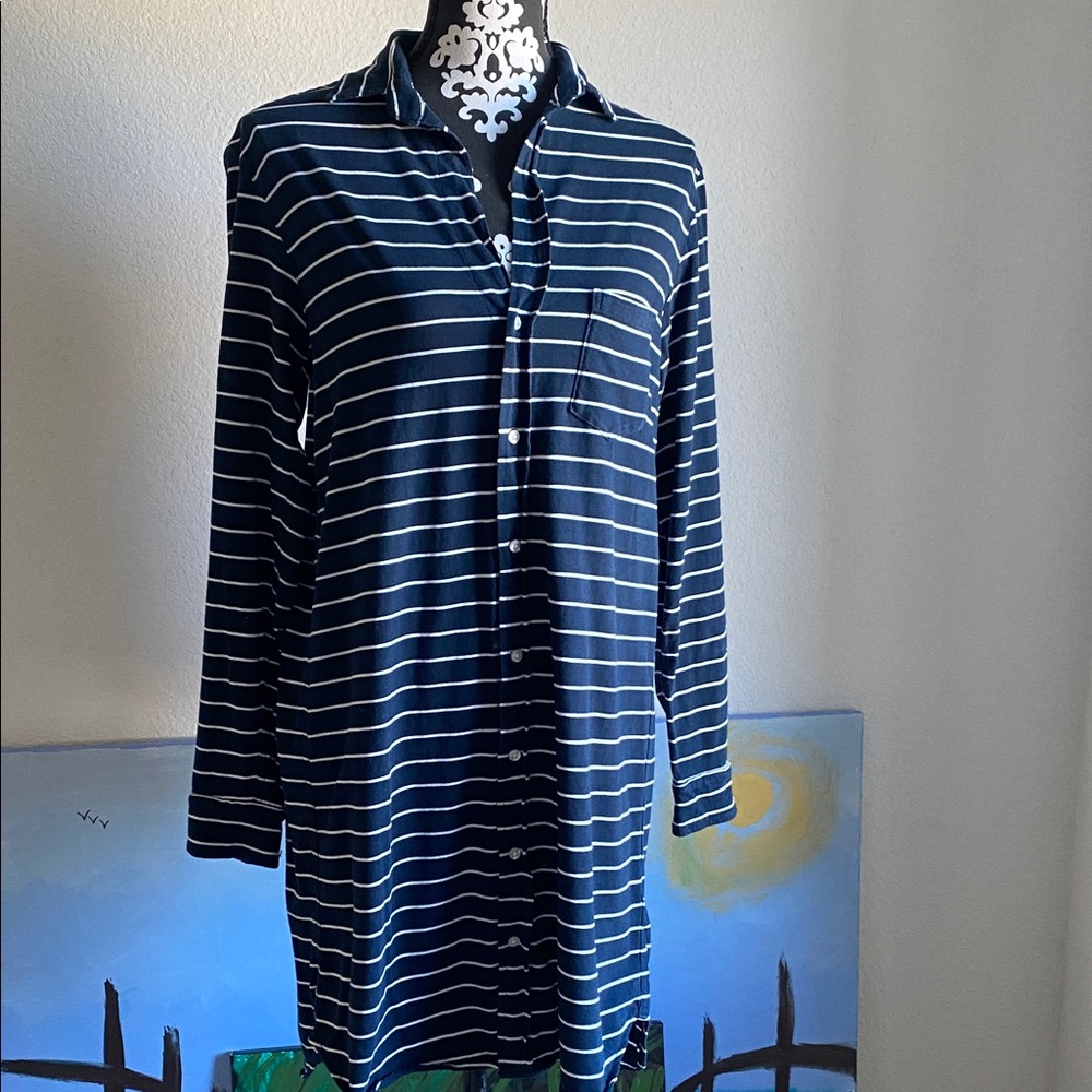 Frank & Eileen Navy and White Striped Long Sleeve Dress